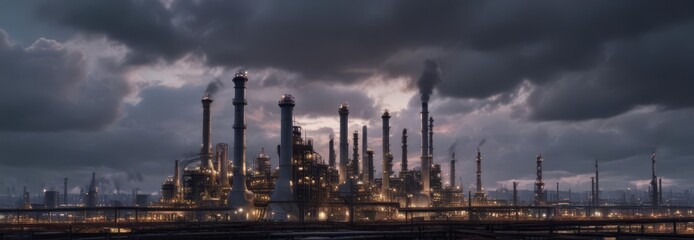 Naklejka premium Vast industrial complex, oil refinery silhouette against cloudy backdrop , detail, industry, clouds