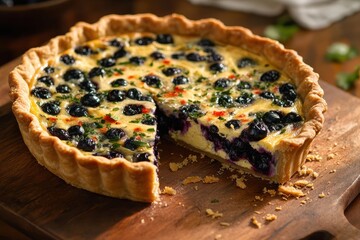Blueberry cheese tart with a slice removed, displaying the creamy filling and fresh berries