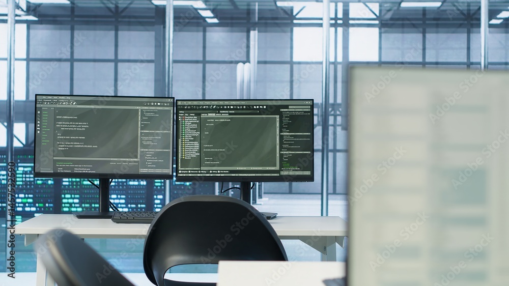 Poster computers in empty data center facility managing rackmounts energy consumption. close up of script o