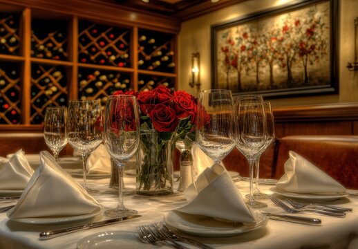 Elegant dining room, wine cellar, and centerpiece of roses.  Detailed table setting with crystal glasses, white napkins, silverware, and plates