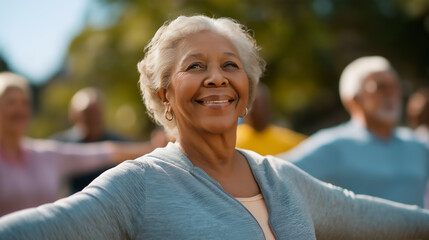 Happy senior African-American woman exercising outdoors in fitness class, active retirement