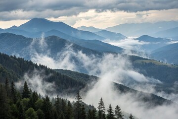 Mountain landscape with fog. Generative AI