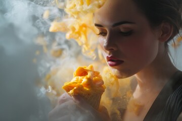 A pensive woman admires an ice cream cone, surrounded by ethereal yellow and white vapor.