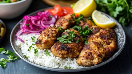 Turkish Czlak fried chicken cutlets served rice pilaf pickled vegetables and a squeeze of fresh lemon Crispy golden and flavorful Side view
