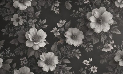 Subtle charcoal floral wallpaper; delicate blooms & leaves, vintage print , nature, flowers, charcoal