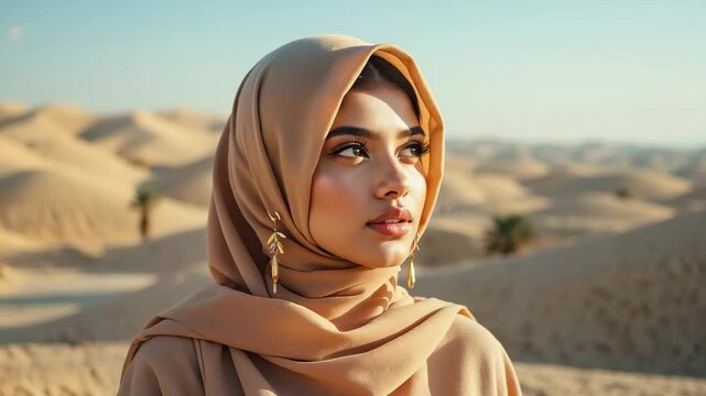 A portrait of a serene woman wearing a hijab in a desert landscape, her gaze reflecting contemplation and peace
