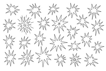 Set of hand drawn abstract figures of stars, flashes, explosions, fireworks of different shapes, sizes with pointed rays in black and white colors for design, comic effects, badges, stickers. 