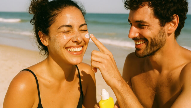 Happy couple applying sunscreen beach