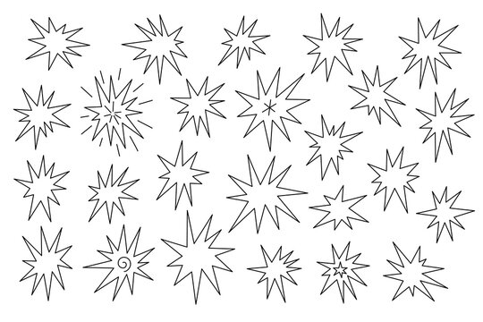 Set of hand drawn abstract figures of stars, flashes, explosions, fireworks of different shapes, sizes with pointed rays in black and white colors for design, comic effects, badges, stickers. 