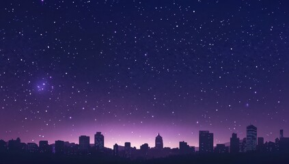 City skyline under a starlit night sky. Silhouettes of city buildings stand against a backdrop of a vast, starry night, with a gradient of purple and violet hues