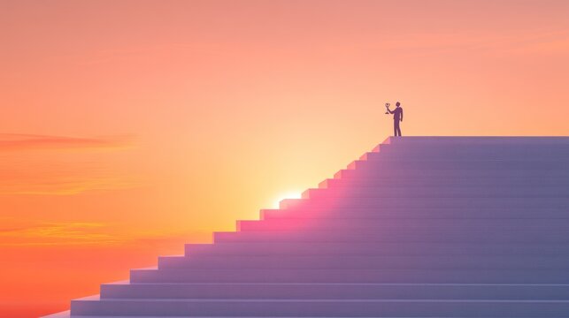 Businessman achieves success atop stairs at sunset