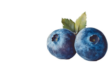 Obraz premium A pair of juicy blueberries with green leaves against a dark backdrop