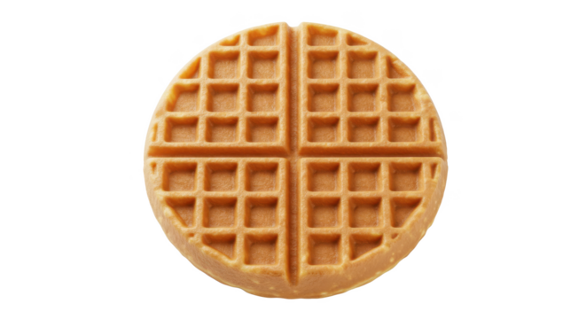 A single waffle centered on a black background showing its grid pattern and circular shape in detail