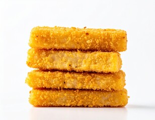 Golden crisp fish sticks on white background