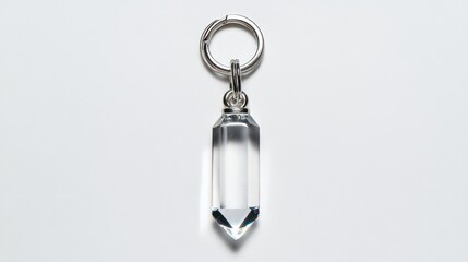 Clear quartz crystal keychain on white background