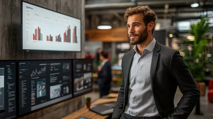 Businessman analyzing data on large screens in a modern office
