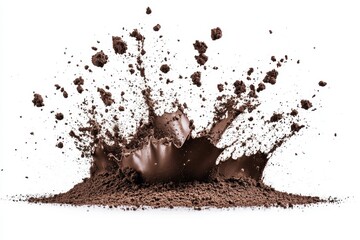 Chocolate powder splashes in dynamic eruption against a clean white background during food preparation activity in a kitchen setting in bright daylight