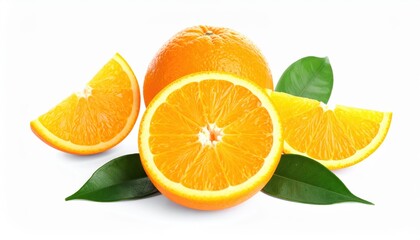 Fototapeta premium A vibrant orange fruit sits alongside sliced segments and lush green leaves, creating a refreshing and healthy still life composition.