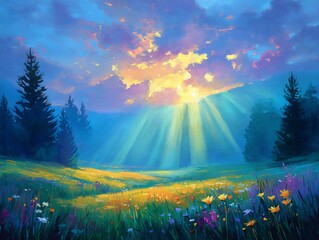 Radiant light rays piercing cloudy morning in meadow