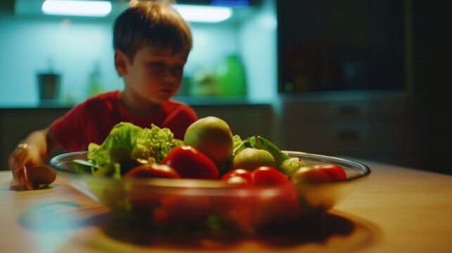 Fresh fruits and vegetables healthy eating in kitchen