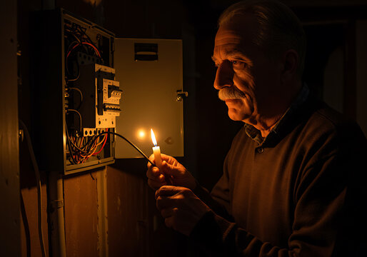 A concerned senior man uses a candle to check the electrical panel during a blackout at home.