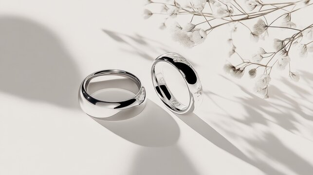 Silver rings with floral decor on white background