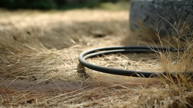 Old garden hose coiled on dry grass with cool shadows