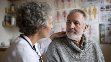 Obraz premium A doctor listens attentively to an elderly patient sitting closely with a reassuring expression in a cozy consultation room filled with medical posters.