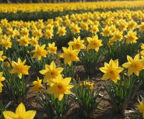 Obraz premium Sunlit field of vibrant yellow daffodils, petals gleaming , flora, light, sun