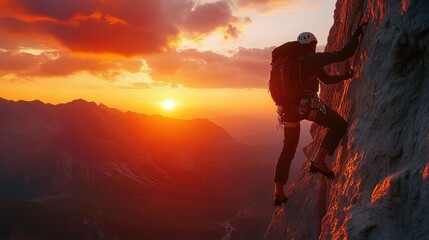 Climber ascends a dramatic mountain face at sunset.  A breathtaking vista of towering peaks and a fiery sky