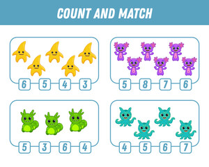 Education game for children count and match of cute cartoon monsters, printable worksheet. Funny monster. Vector illustration
