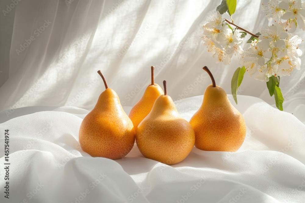 Aufkleber vibrant yellow pears arranged on soft fabric with delicate pink cherry blossoms creating a serene st