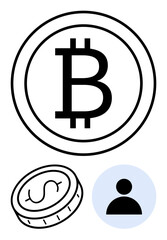 Bitcoin symbol coin, dollar coin, and person icon suggesting cryptocurrency, finance, banking, investment, digital economy, blockchain, fintech and a simple landing page