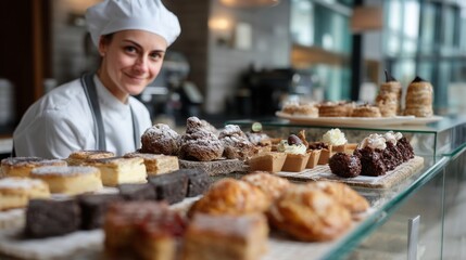 A pastry chef in a bakery proudly showcasing an array of freshly baked pastries and cakes their glossy finishes and intricate decorations tempting customers behind the glass display.