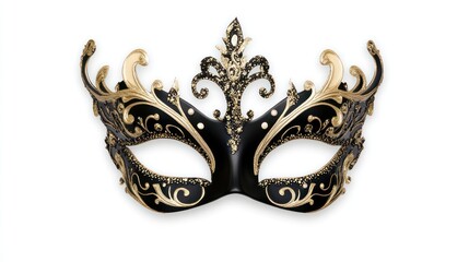 Elegant black and gold masquerade mask on white