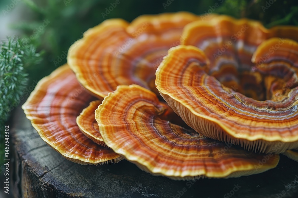 Poster Beautiful mushroom clusters showcasing vibrant colors and intricate patterns found in a forest setting during the morning hours