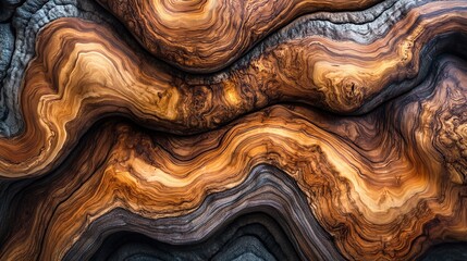 Intricate wood grain patterns with flowing, swirling textures in warm browns and deep grays