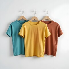 Colorful Plain T-Shirts Hanging on Wooden Hangers &ndash; Apparel Mockup on White Background