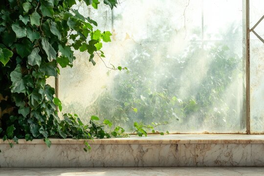 Fototapeta Ivy vines cascade over a marble windowsill, framing a sunlit, overgrown garden view.
