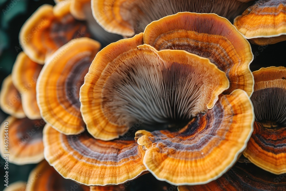 Poster Beautiful mushroom clusters showcasing vibrant colors and intricate patterns found in a forest setting during the morning hours