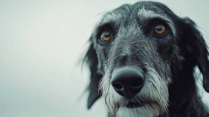 Fototapeta premium Intense Portrait Of A Furry Dog Looking At Camera, Expressive Eyes, Soft Light, Neutral Background, Head Shot.