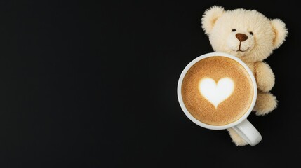 Coffee cup with heart latte art and teddy bear