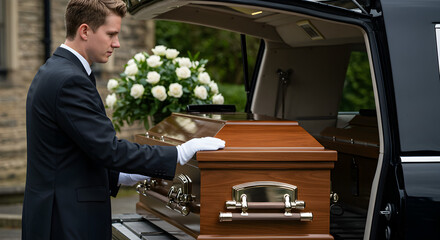Man in White Gloves Loads Wooden Coffin into Hearse at Funeral Ceremony with Floral Arrangement and Stone Building Exterior