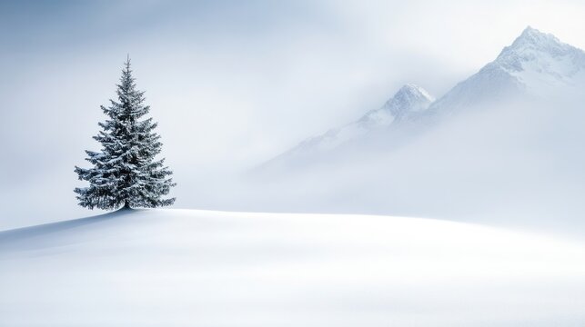 Solitary snow covered pine tree with misty mountain background - Powered by Adobe