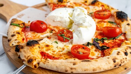 A close-up showcases a vibrant Margherita pizza with fresh mozzarella, bright tomato slices, and fragrant basil leaves on a wooden board.