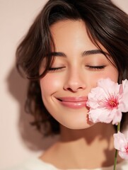 Fototapeta premium Smiling woman holding flower near face, minimal background, spring theme