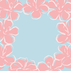 Hand drawn vector hibiscus illustration square frame on blue background