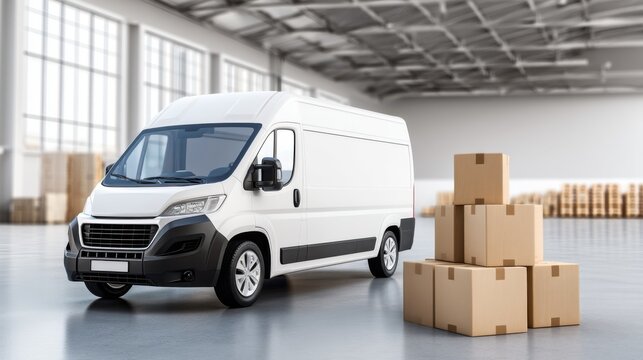 White delivery van parked inside a spacious warehouse beside stacked cardboard boxes.