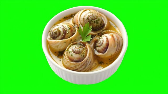 Delight in a classic French dish featuring snails cooked in garlic herb butter showcased on a vibrant green screen