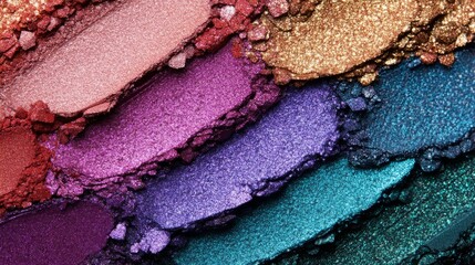 Crushed multi-colored eyeshadows, combined metallic and matte textures, beauty photography. generative ai